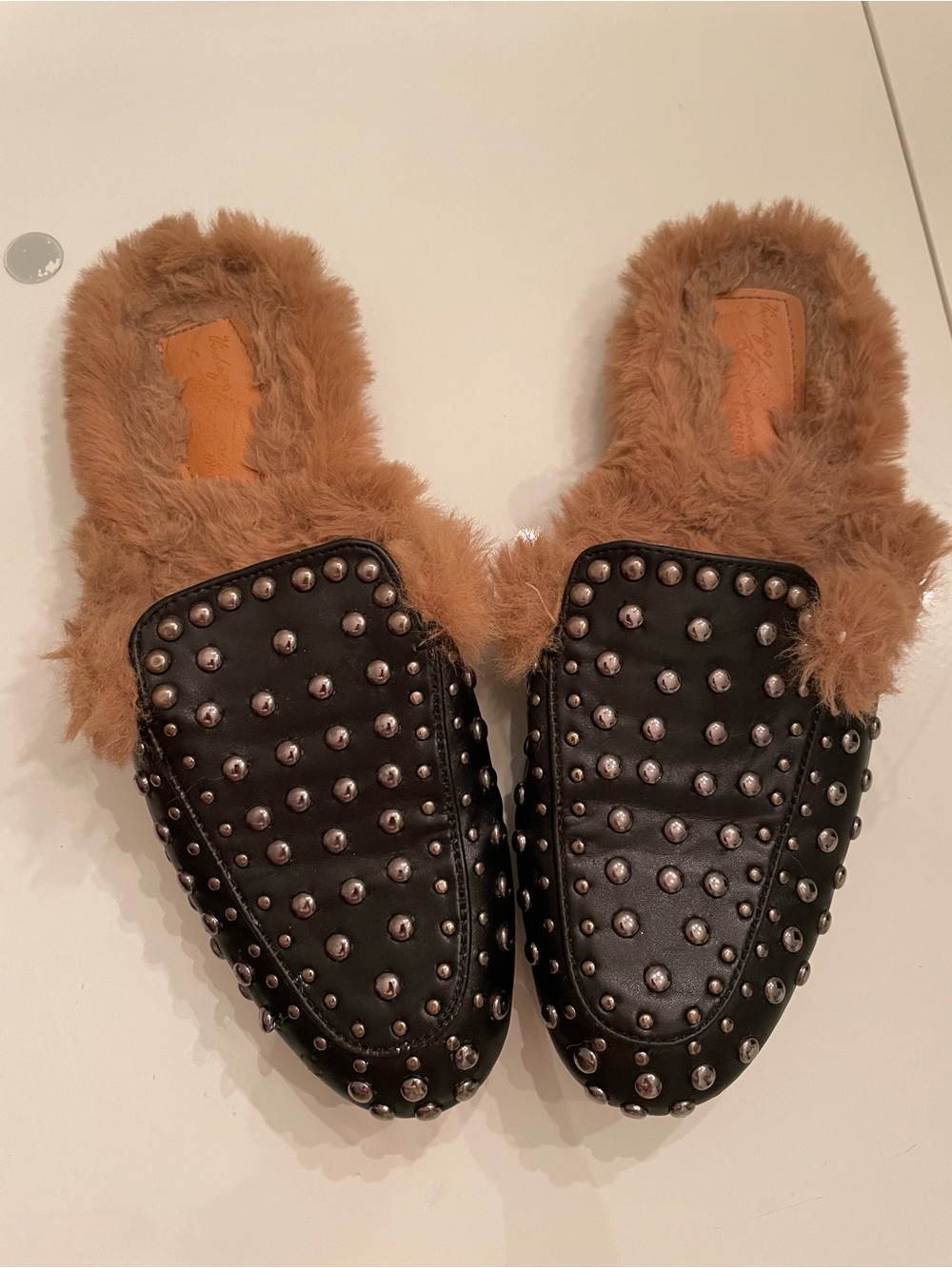 Studded Black Faux-Fur Lined Women’s Slip-On Mules